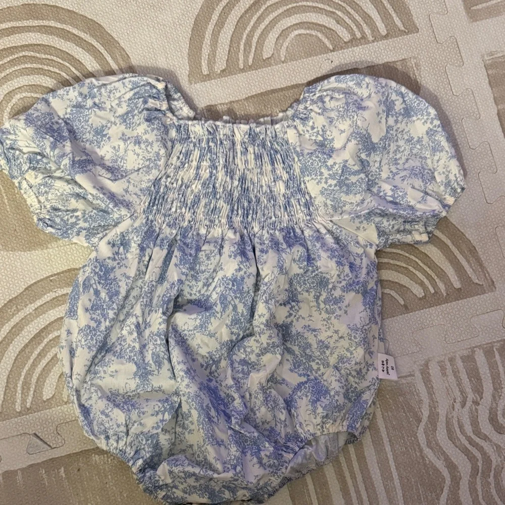 Smocked Puff-Sleeve Baby Romper in Blue Toile